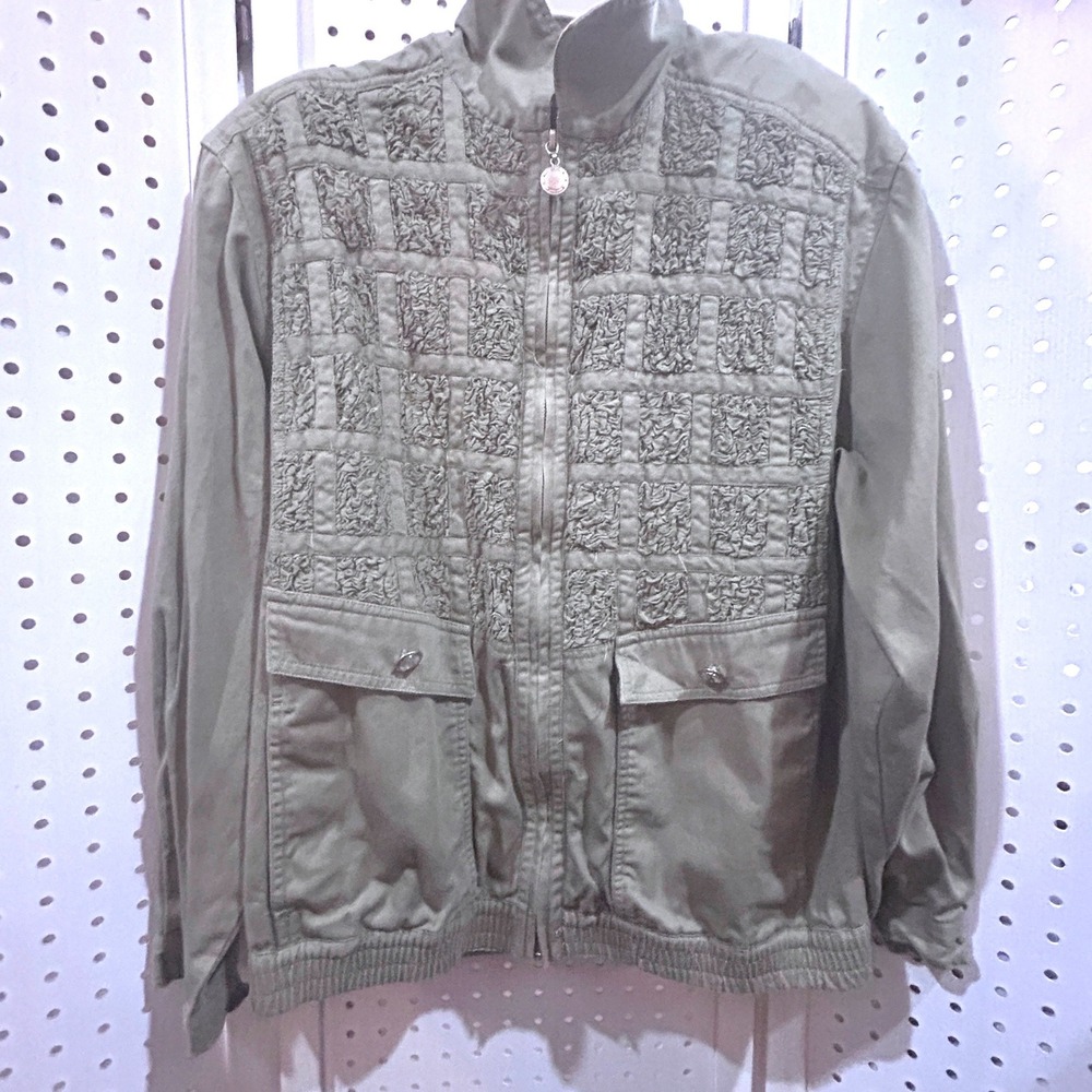 Mureli Khaki Textured Patchwork‎ Bomber Jacket Full Zip Mens Medium